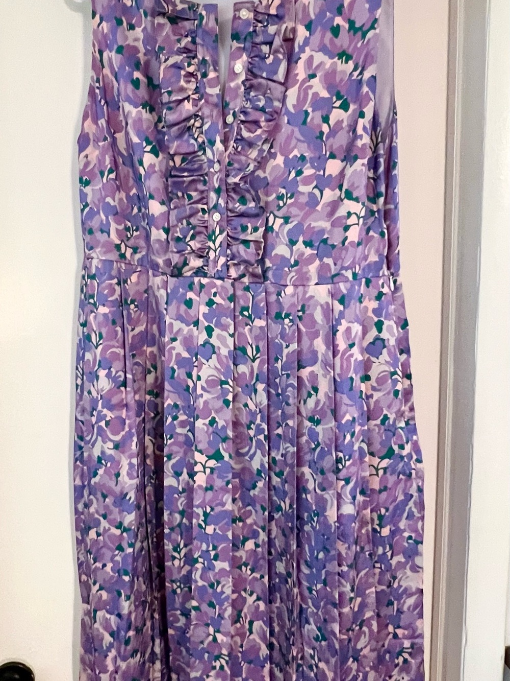 J. Crew Ruffle-front pleated dress in Ratti lilac collage print